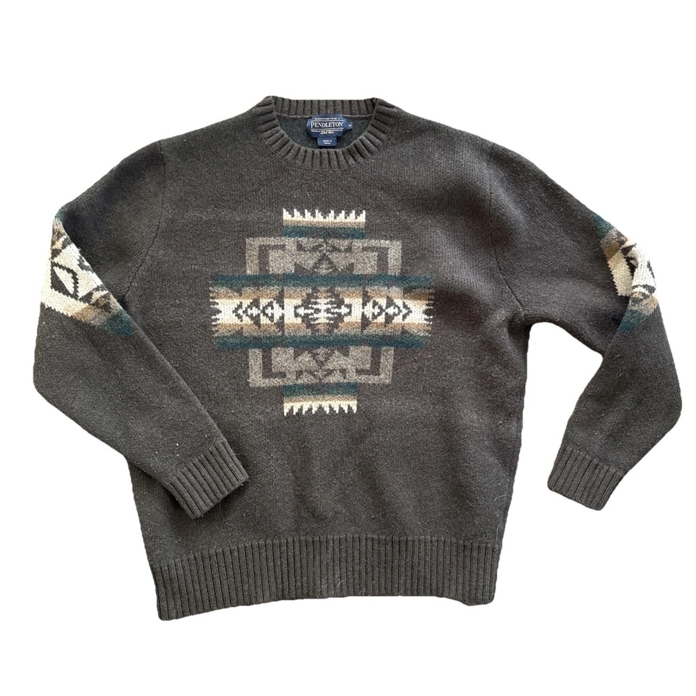 Pendleton Sweater Men Medium Brown Lambswool Southwestern Aztec Crewneck